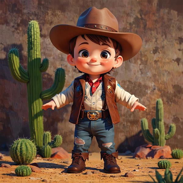 تصویر سه بعدی کودک کابوی کلانتر شاد با جلیقه چرمی و دستمال گردن قرمز در طبیعت بیابانی