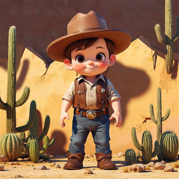 تصویر سه بعدی کودک کابوی خندان با جلیقه چرمی و پس‌زمینه دیوار گلی بیابانی