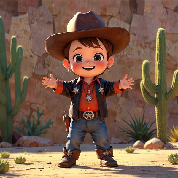 تصویر سه بعدی کودک کلانتر با پیراهن نارنجی و جلیقه چرمی در بیابان صخره‌ای