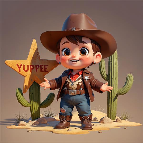 تصویر سه بعدی کودک کلانتر خندان کنار تابلو ستاره‌ای در صحرا