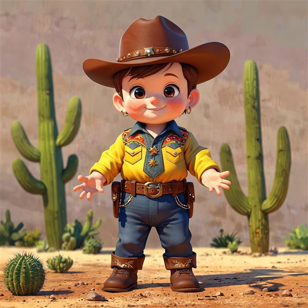 تصویر سه بعدی کودک کلانتر شاد با پیراهن زرد گلدوزی شده در بیابان صخره‌ای