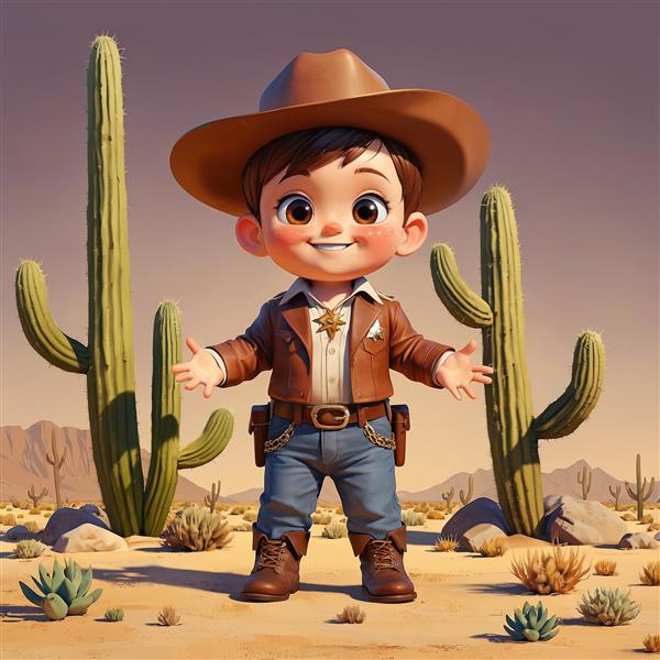 تصویر سه بعدی کودک کلانتر خندان با ژاکت چرمی و کمربند اسلحه در بیابان کاکتوس‌ها