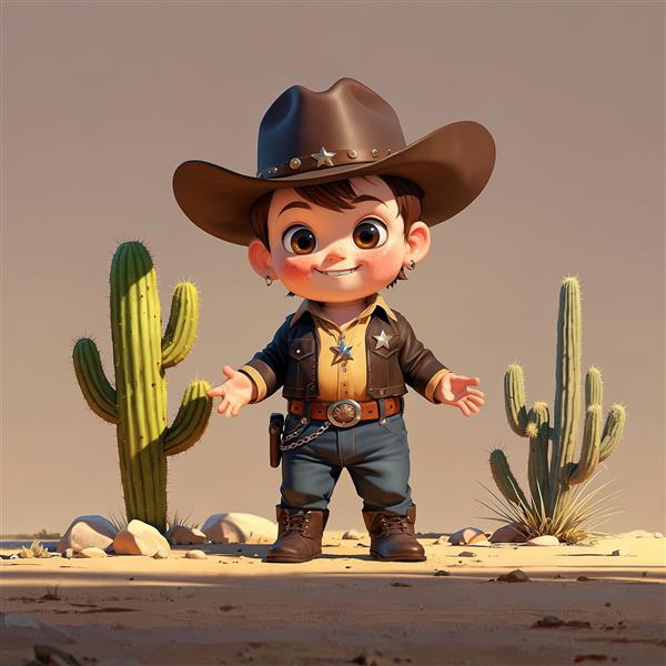 تصویر سه بعدی کودک کابوی شاد در بیابان خشک بین کاکتوس‌های سنگی بلند