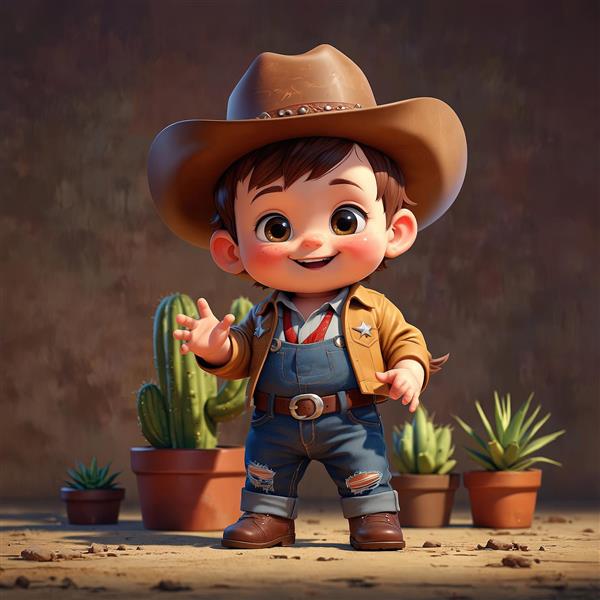تصویر سه بعدی کودک کابوی با روپوش جین در محیط بیابانی با چندین کاکتوس