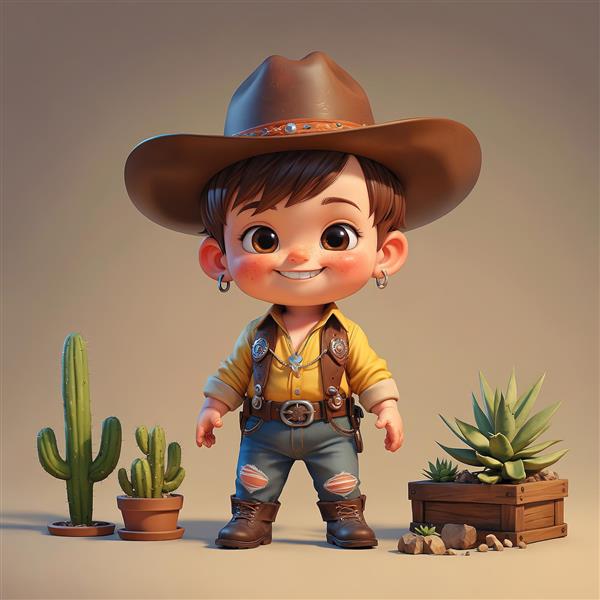 تصویر سه بعدی کودک کابوی با پیراهن زرد و کاکتوس و آلوئه ورا در گلدان چوبی