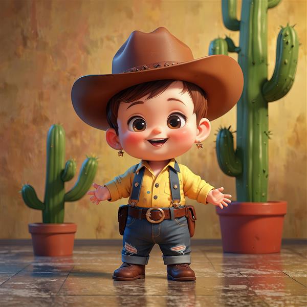 تصویر سه بعدی کودک کابوی با روپوش زرد و دو کاکتوس گلدانی بزرگ