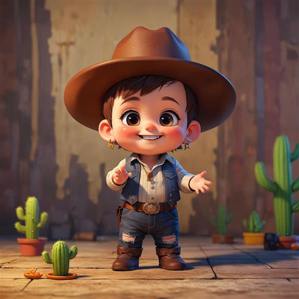 تصویر سه بعدی کودک کابوی شاد با جلیقه جین و کاکتوس در فضای وسترن داخلی