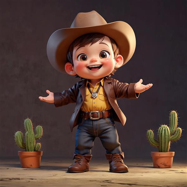 تصویر سه بعدی کودک کابوی با کت قهوه‌ای و کاکتوس‌های گلدانی کوچک