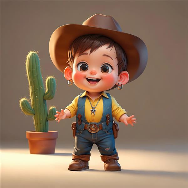 تصویر سه بعدی کودک کابوی خندان با روپوش زرد و کاکتوس بلند گلدانی