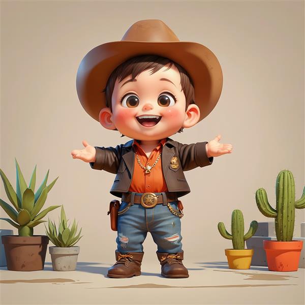 تصویر سه بعدی کودک کابوی خندان با پیراهن نارنجی و کاکتوس‌های گلدانی