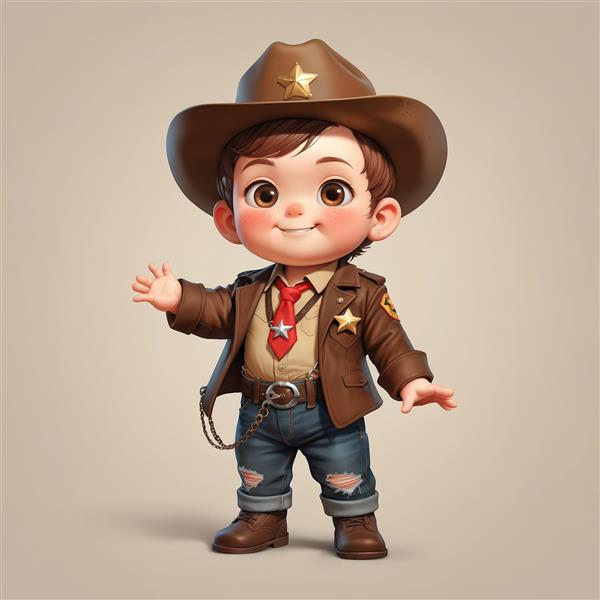 تصویر سه بعدی کودک کلانتر کارتونی با کت قهوه‌ای و لباس رسمی و دست تکان دادن