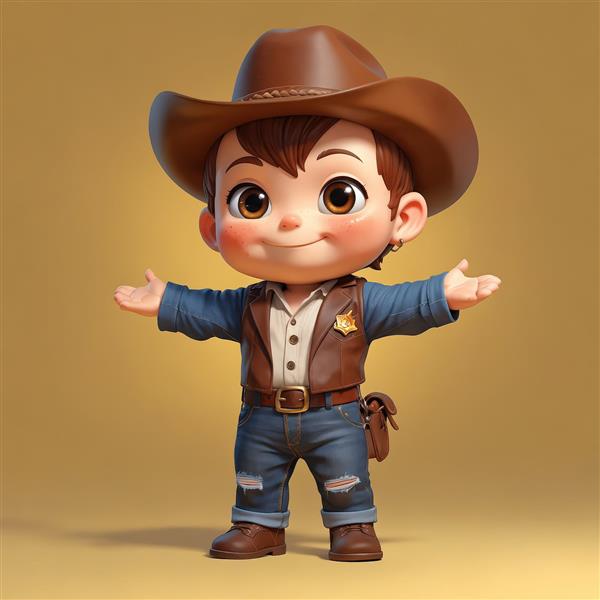 تصویر سه بعدی کودک کلانتر کارتونی خندان با کلاه کابوی قهوه‌ای و پس‌زمینه طلایی