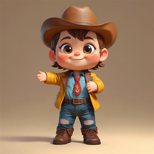 عکس کابوی پسر بچه با ژاکت زرد و کلاه، طرح سه بعدی فانتزی، دانلود استوک باکیفیت