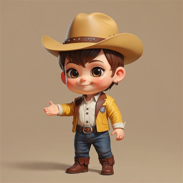 عکس پسر بچه کابوی با پیراهن زرد و ساسپندر، پوستر سه بعدی فانتزی، مناسب چاپ باکیفیت