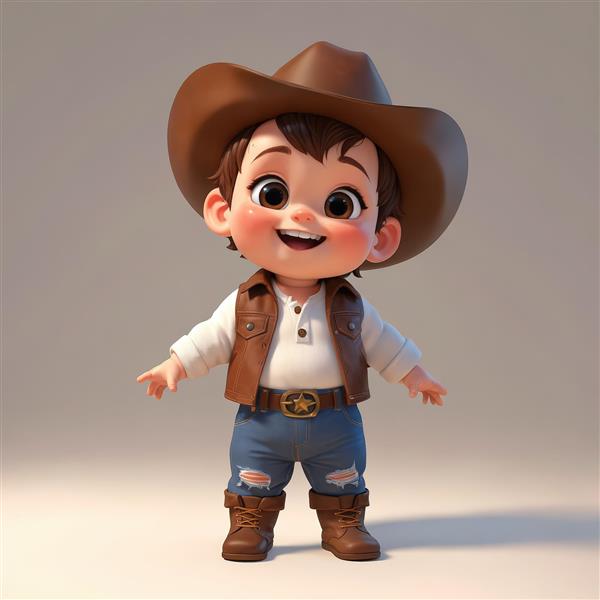 عکس پسر بچه کابوی با جلیقه قهوه ای و کلاه، پوستر مدرن اتاق کودک، طرح سه بعدی