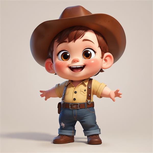 عکس پسر بچه کابوی با پیراهن زرد و کلاه، پوستر سه بعدی فانتزی، مناسب چاپ باکیفیت