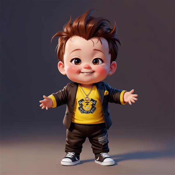 دانلود عکس پسر بچه بامزه با ژاکت مشکی و تیشرت زرد، طرح سه بعدی برای پوستر اتاق کودک