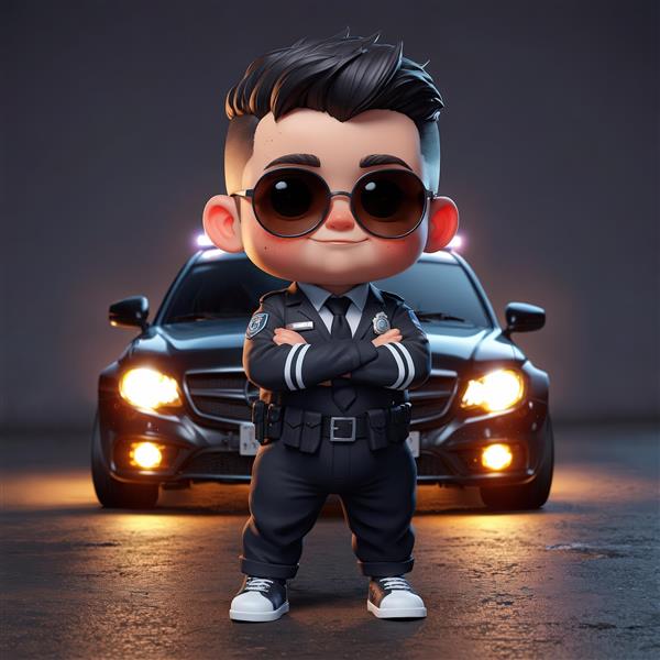 دانلود عکس پلیس سه بعدی پسرانه با عینک دودی، پوستر ماشین پلیس مشکی، طرح گرافیکی خاص