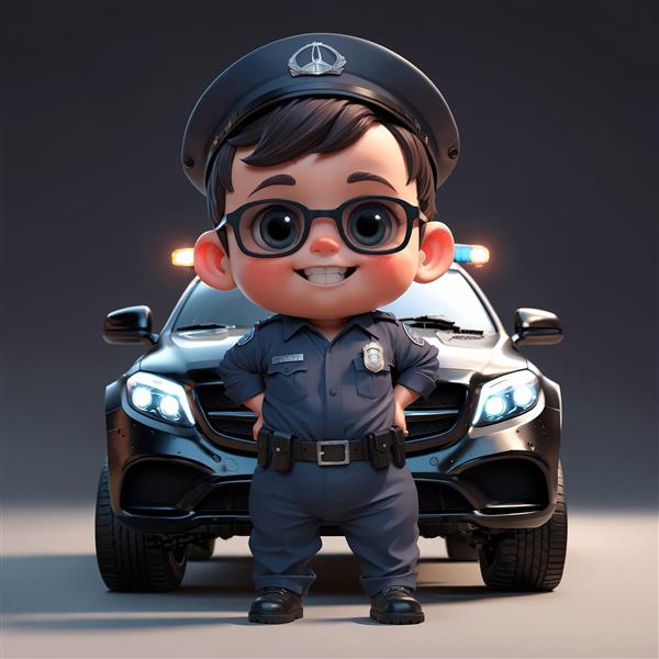 عکس استوک پلیس پسر بچه عینکی با ماشین پلیس مشکی، تابلو سه بعدی، دانلود باکیفیت