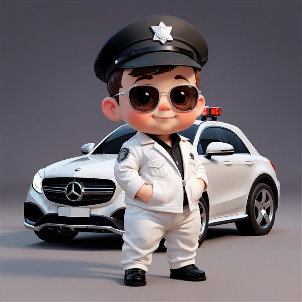 عکس پلیس فانتزی با لباس سفید و عینک دودی، پوستر ماشین پلیس، طرح دکوراتیو سه بعدی