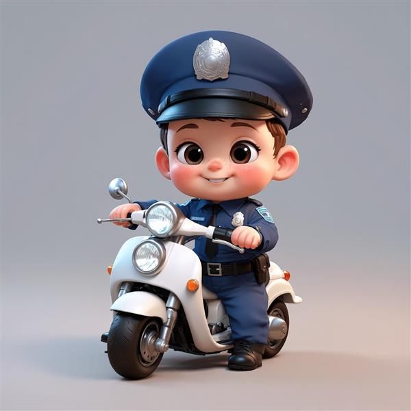 عکس پسر بچه پلیس بامزه سوار بر موتور وسپا، طرح فانتزی سه بعدی، مناسب چاپ پوستر