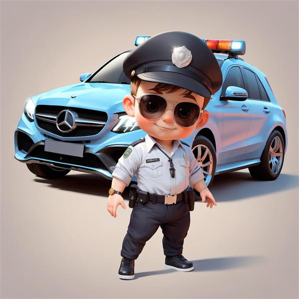 دانلود عکس پلیس پسر بچه عینکی با ماشین پلیس، پوستر سه بعدی اتاق کودک، کیفیت بالا
