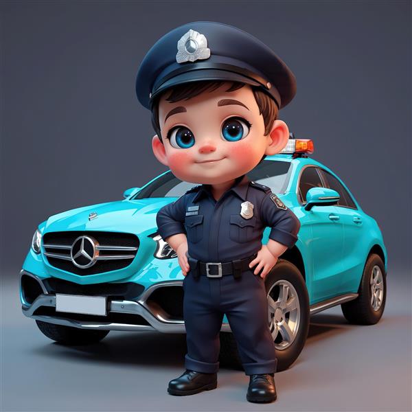 عکس پلیس کوچک فانتزی با ماشین پلیس مدرن، طرح گرافیکی باکیفیت برای تابلو دکوراتیو