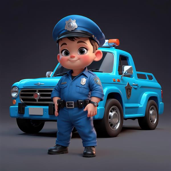 عکس استوک پسر بچه پلیس با وانت پلیس آبی، طرح سه بعدی فانتزی برای چاپ پوستر