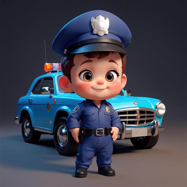 دانلود عکس باکیفیت پلیس کارتونی بامزه و ماشین کلاسیک، تابلو دکوراتیو اتاق پسرانه