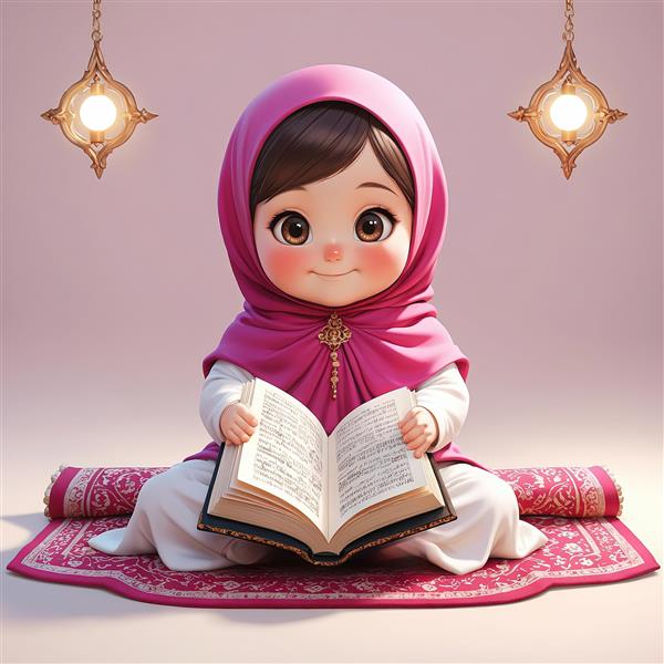 دختر باحجاب، در حال خواندن کتاب، روی سجاده، با چراغ‌های شرقی، تصویرسازی مذهبی