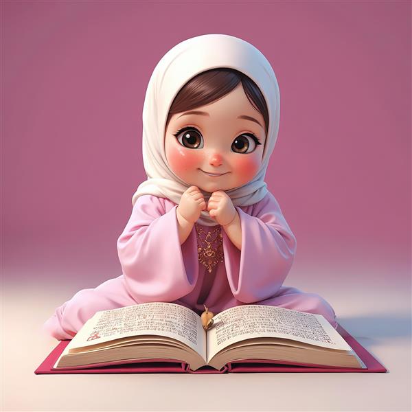 دختر باحجاب صورتی، در حال مطالعه کتاب/قرآن با لبخند معصومانه، تصویرسازی