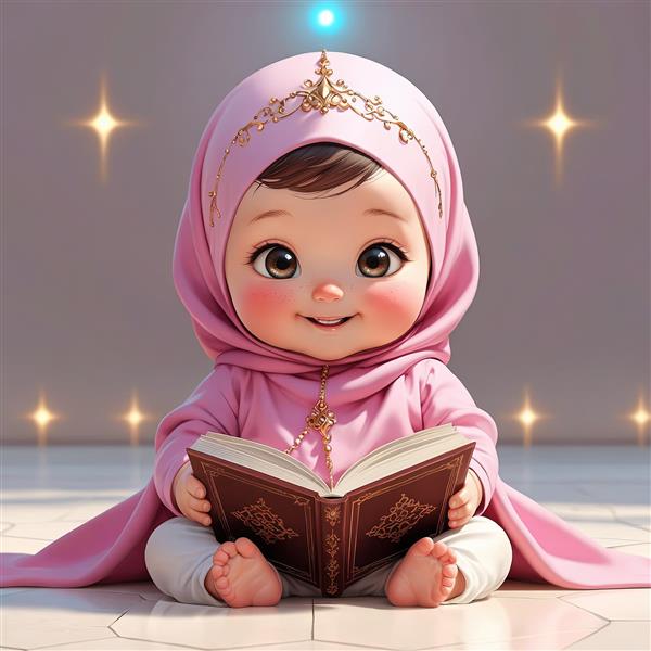 دختر باحجاب صورتی و تاج، در حال مطالعه کتاب، نورپردازی معنوی، تصویرسازی