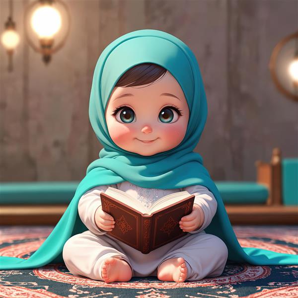 دختر باحجاب فیروزه‌ای، در حال خواندن کتاب قرآن بر روی فرش، تصویرسازی مذهبی