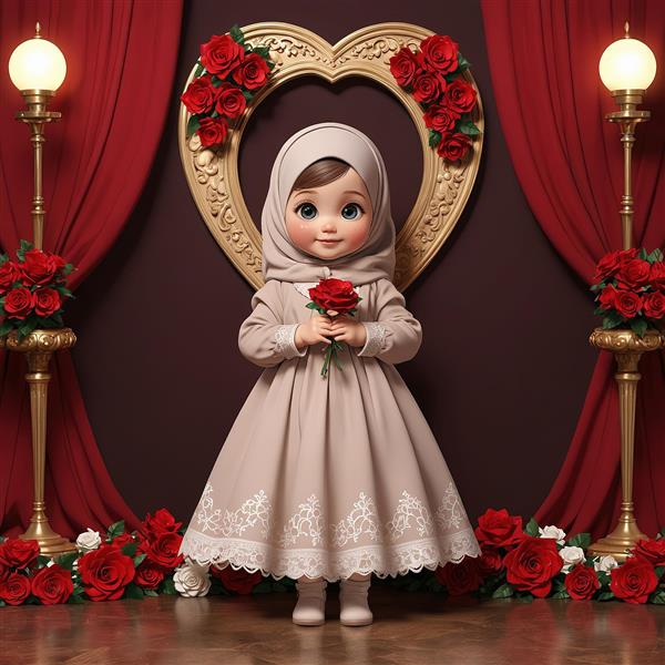 دختر بچه باحجاب در لباس مجلسی، با رز سرخ و پس‌زمینه قرمز قلبی، تصویرسازی عاشقانه