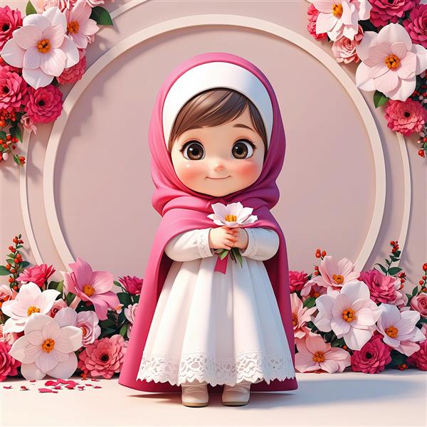 دختر بچه کارتونی باحجاب، با شنل سرخابی و گل سفید، ایستاده میان گل‌های بهاری، تصویرسازی