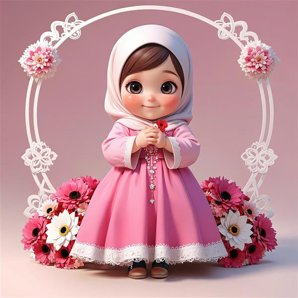 دختر بچه کارتونی باحجاب، با لباس صورتی و گل، ایستاده در قاب گلی توری، تصویرسازی
