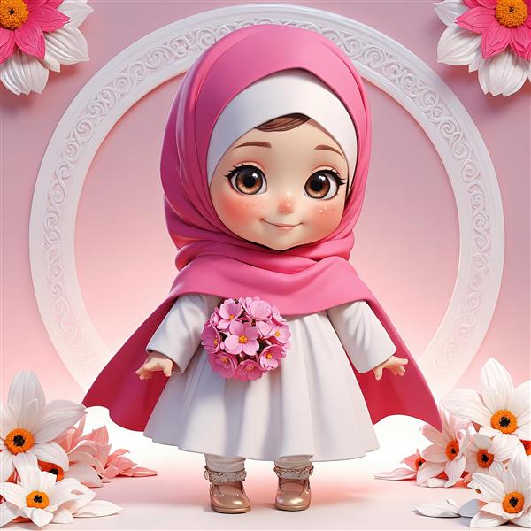دختر بچه کارتونی باحجاب، با دسته گل صورتی، ایستاده در قاب گلی، تصویرسازی