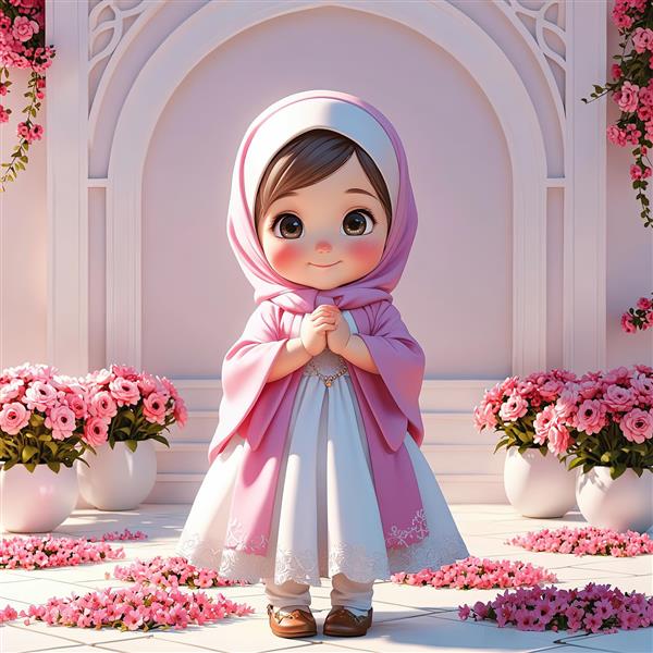دختر بچه کارتونی باحجاب، در حال دعا و نیایش در محیط صورتی و گل‌آرایی، تصویرسازی