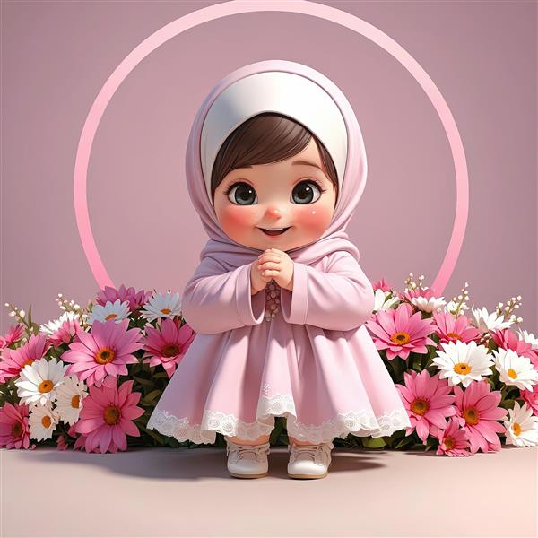 دختر بچه کارتونی باحجاب صورتی، شاد، ایستاده میان گل‌های بهاری، تصویرسازی