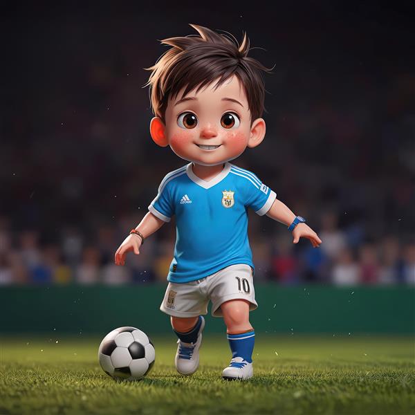 پسر فوتبالیست کارتونی، لباس آبی روشن، در زمین چمن استادیوم، تصویرسازی