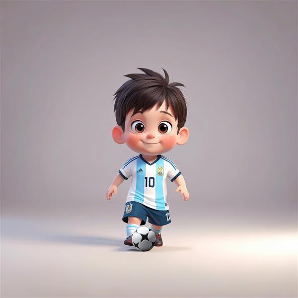 پسر فوتبالیست کارتونی، لباس آرژانتین، ایستاده با توپ، تصویرسازی استودیو