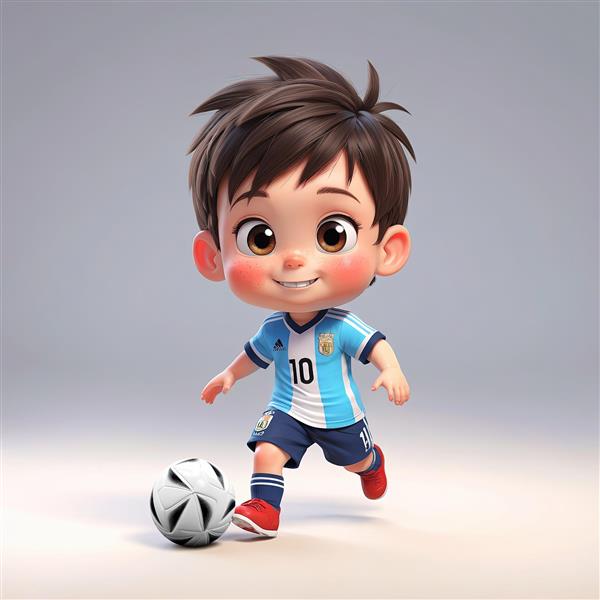 پسر فوتبالیست کارتونی، لباس آرژانتین، کنترل توپ، تصویرسازی در حال حرکت