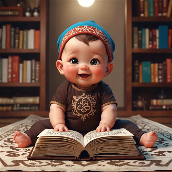 نوزاد شاد با کلاه و لباس سنتی، در حال خواندن قرآن/کتاب در کتابخانه، تصویرسازی