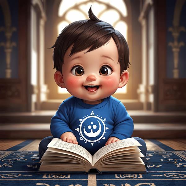 نوزاد شاد با لباس اسلامی (نماد ماه و ستاره) و کتاب در محیط مذهبی، تصویرسازی