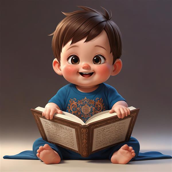 نوزاد در حال مطالعه با لباس آبی شرقی و کتاب عتیقه، تصویرسازی با جزئیات