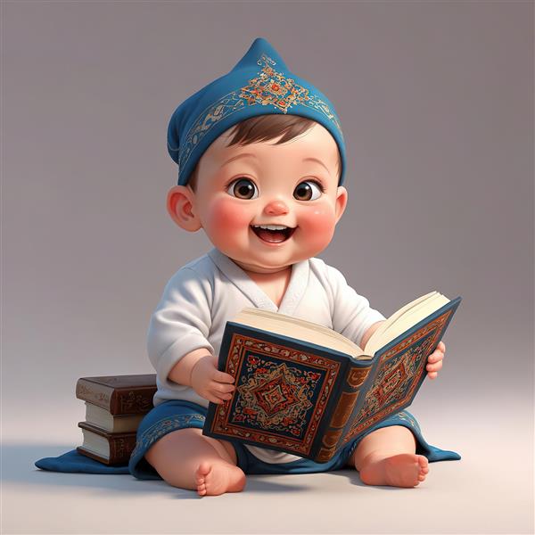 نوزاد شاد و معصوم، با کلاه سنتی ، خواندن کتاب نفیس، تصویرسازی