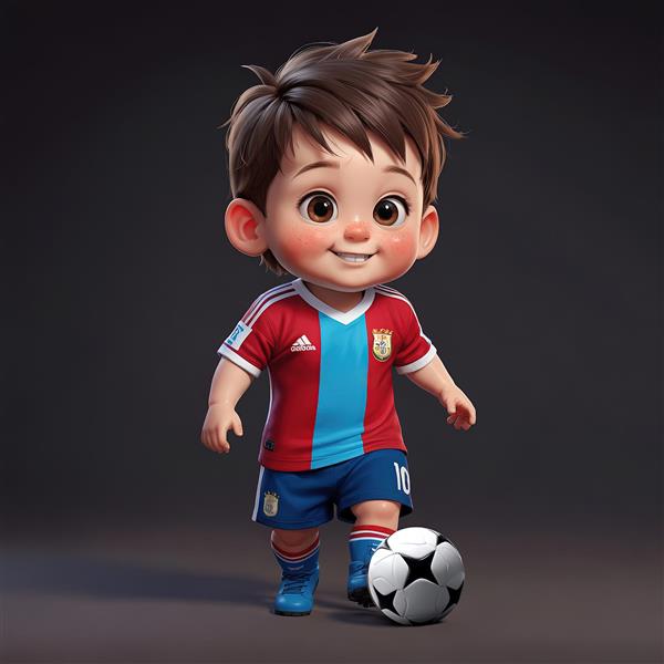 پسر فوتبالیست کارتونی، لباس تیم ملی قرمز و آبی، بازی با توپ، تصویرسازی