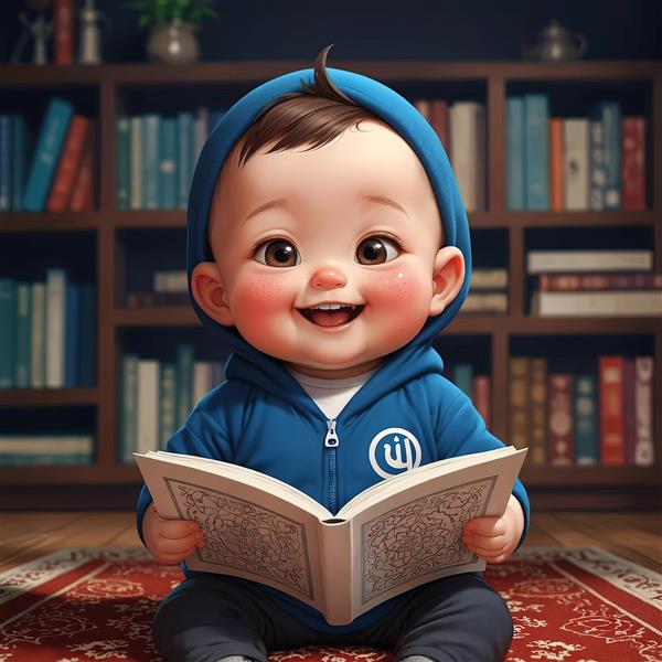بچه کارتونی با کلاه و لباس مذهبی در حال خواندن کتاب قرآن