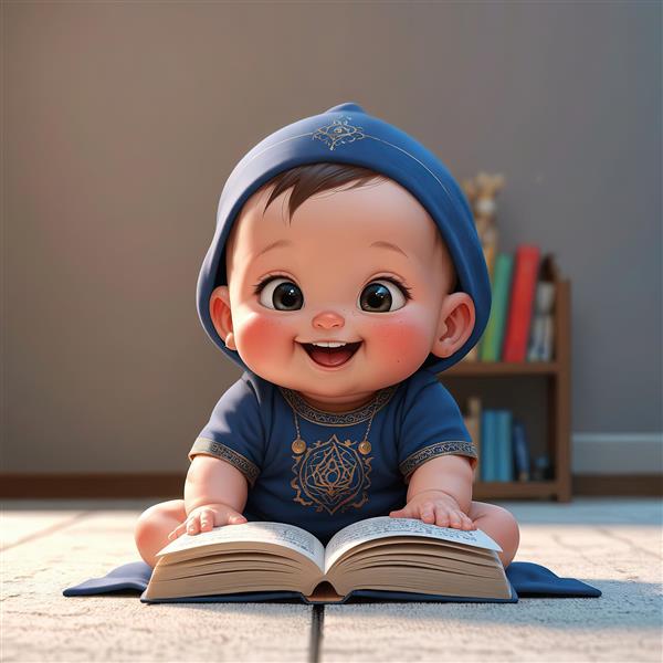 تصویر باکیفیت بچه کارتونی خندان در حال مطالعه در خانه، مناسب برای پوستر