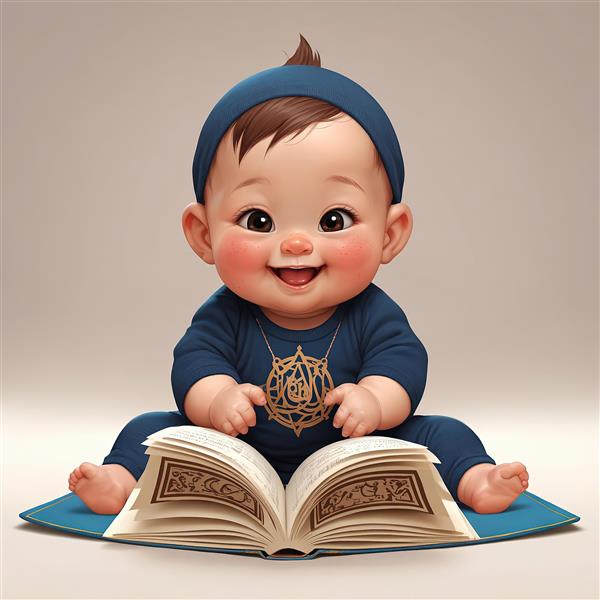 بچه کارتونی با لباس آبی تیره و گردنبند مذهبی در حال خواندن کتاب نفیس، اورجینال و دکوراتیو